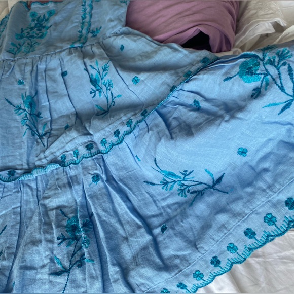 Urban Outfitters UO Blue Hanna flower Embroidered Scalloped Babydoll Mini Dress - Picture 14 of 16